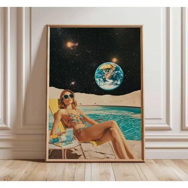 Affiche cosmique surréaliste rétro des années 70, espace futuriste, peinture sur toile de paysage Vi