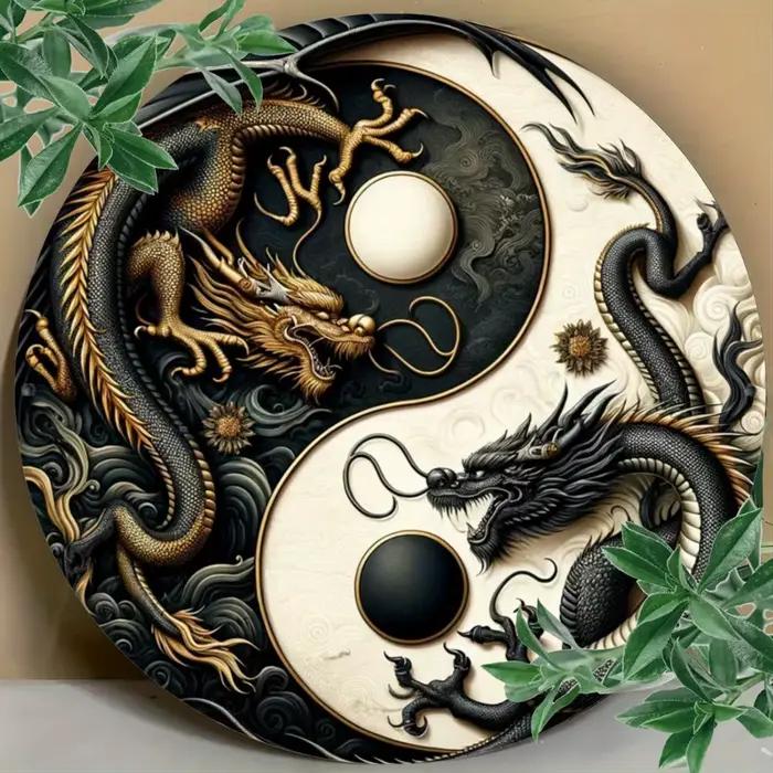 Panneau métallique Dragon chinois Yin-Yang – Art mural Oriental noir et blanc pour la maison, le bur