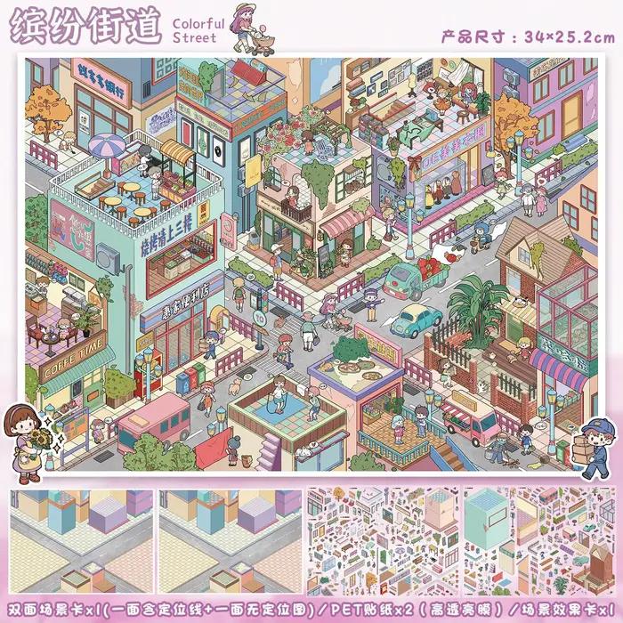 Autocollant 3D Paysage Urbain Coloré Kawaii, Scène de Rue Ancienne, DIY, Scène de Cabane de Poche, C