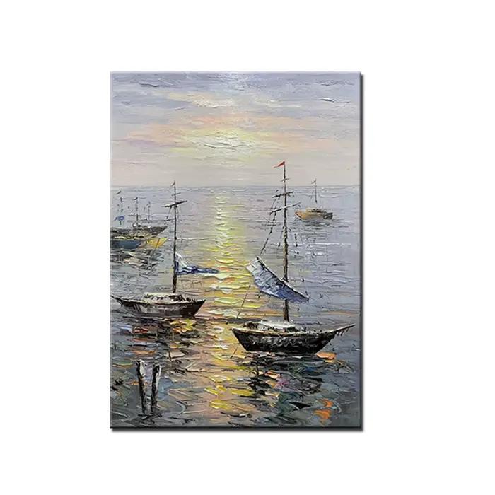 Grande peinture sur toile de paysage marin, bateau, peinture à l'huile peinte à la main, pour décora