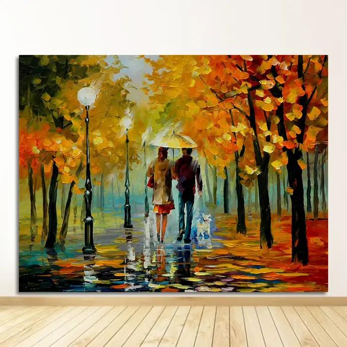 Affiche de paysage de rue de jour de pluie de couple, peinture à l'huile sur toile, photo murale mod