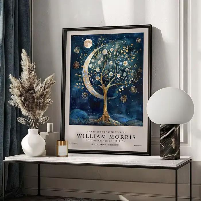 Affiche rétro William Morris lune et étoiles, peinture sur toile imprimée, Art mural, chambre à couc