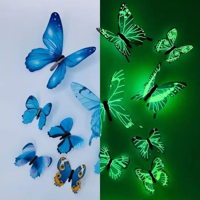 Autocollant mural créatif papillon lumineux 3D, 12 pièces, à la mode, pour bricolage, Art mural mode