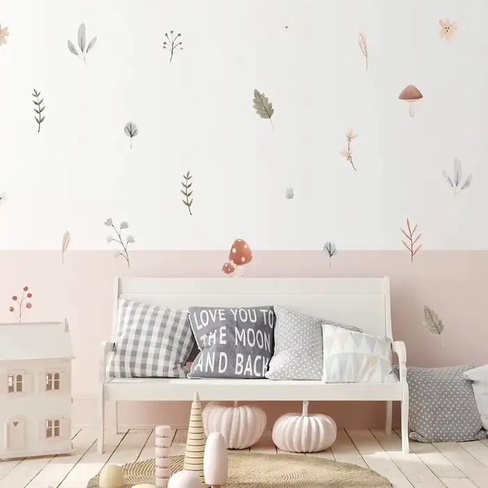 Boho dessin animé motif champignon feuilles pépinière stickers muraux amovible bricolage vinyle auto