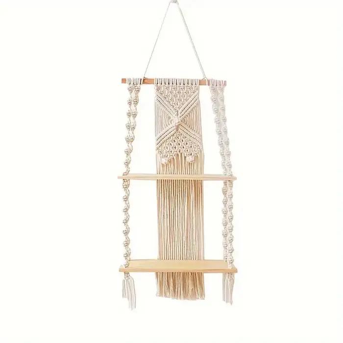 Tenture murale tissée en macramé bohème faite à la main, étagère flottante à 2 niveaux, rangement de