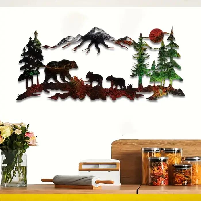 Art mural de montagne de forêt d'ours en métal-peinture de décoration de maison de Silhouette rustiq