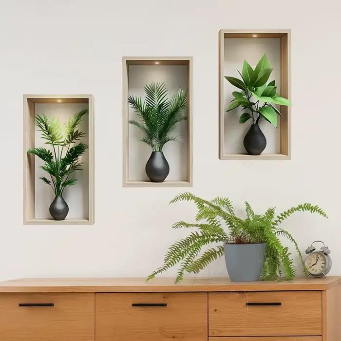Autocollant Mural plantes vertes, peinture de Simulation murale en pot pour salon, décoration de fon