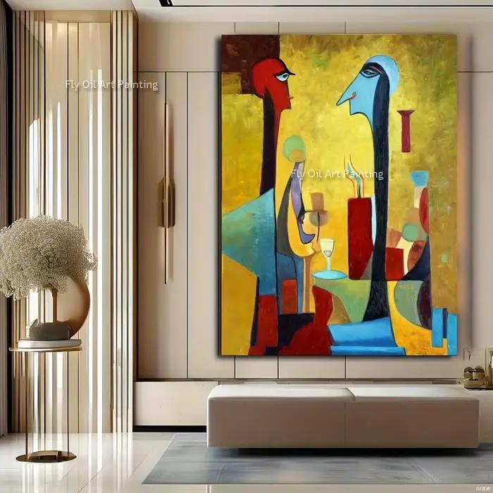 Peinture à l'huile abstraite cubiste faite à la main, art sur toile texturée peinte à la main, décor
