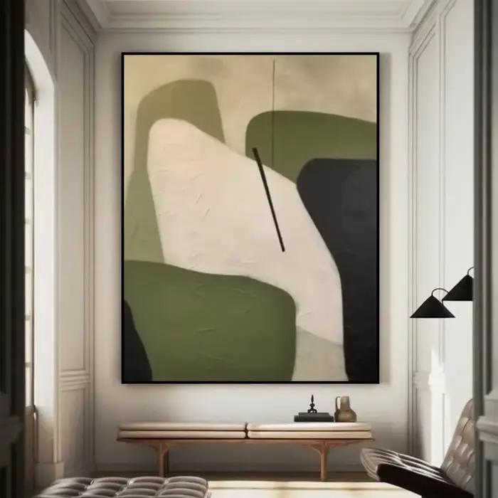 Grande peinture abstraite géométrique Beige et vert minimaliste Wabi-Sabi, Art mural sur toile verte