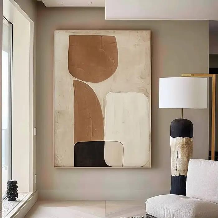 Œuvre d'art abstraite moderne, peinture texturée minimaliste marron beige noir, design scandinave po