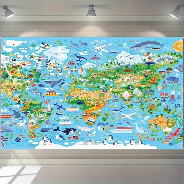 Un fond de carte du monde vif avec des animaux et des planètes de dessin animé – adapté à la décorat