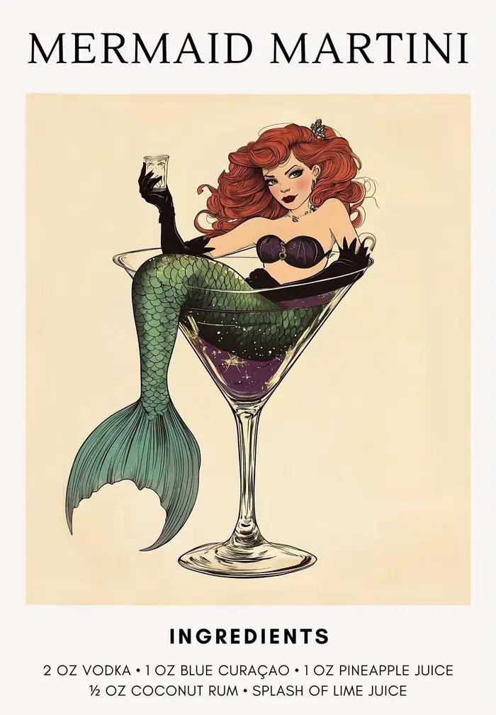 Affiche de Cocktail sirène Vintage, Martini et sirène Spritz, peinture sur toile imprimée pour salon