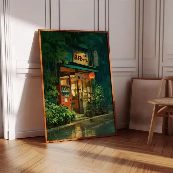 Anime café boutique et vélo toile affiche Ghibli travail Anime Style rue café scène mur Art impressi