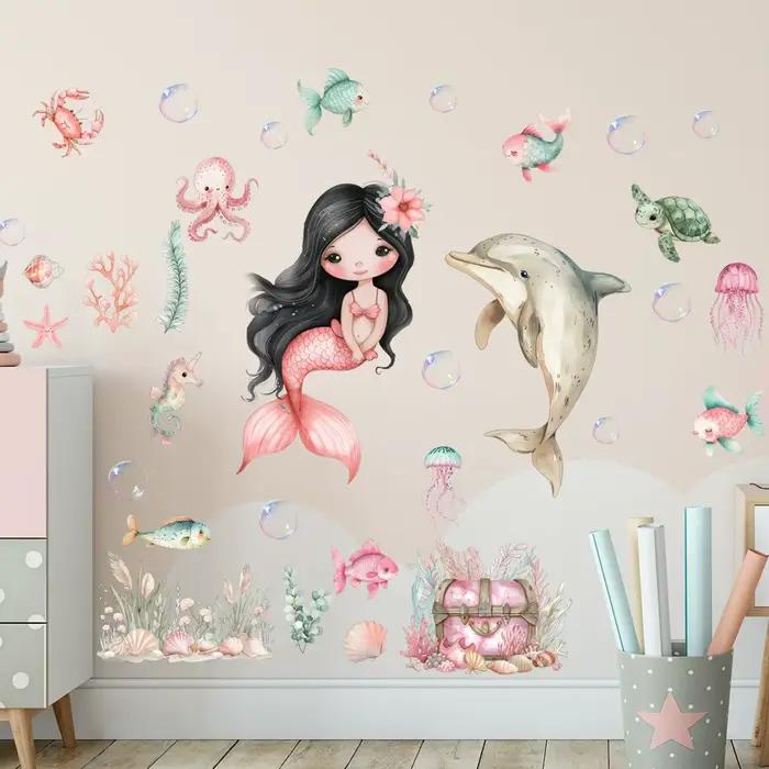 Autocollants muraux sirène du monde sous-marin de dessin animé, décoration amusante pour la maison,
