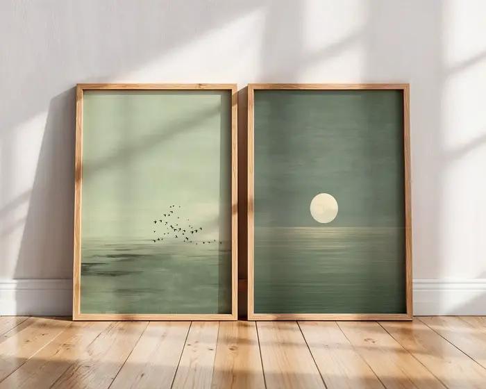 Japandi Wall Art Minimalist Pink Sunset Print, Décor Zen Scandinave, Illustration de paysage abstrai