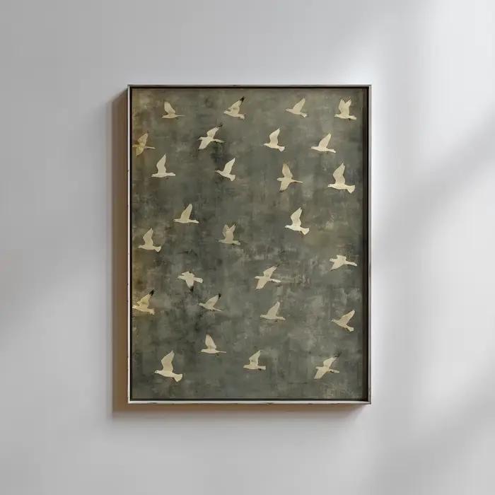 Affiche murale d'art vintage minimaliste avec oiseaux en vol, décoration naturelle neutre, impressio