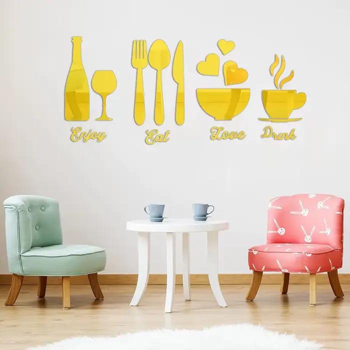 Autocollants muraux miroir avec Logo de cuisine, autocollant mural miroir acrylique, décor artistiqu