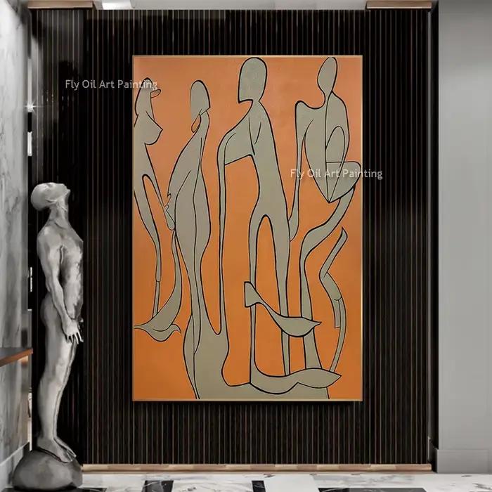 Peinture à l'huile de personnes abstraites Orange et grises faite à la main, Design Original, toile