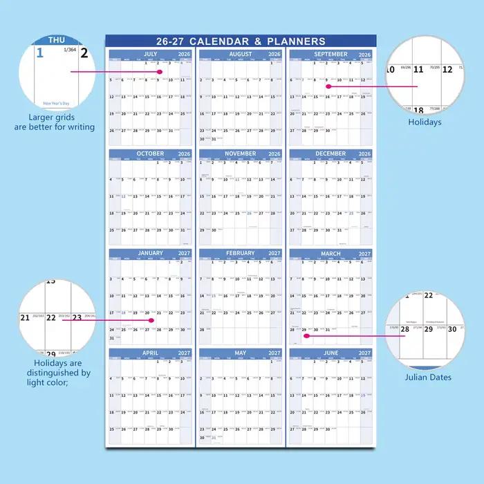 Calendrier mural annuel, planificateur de gestion du temps, juillet 2026-juin 2027, calendrier verti