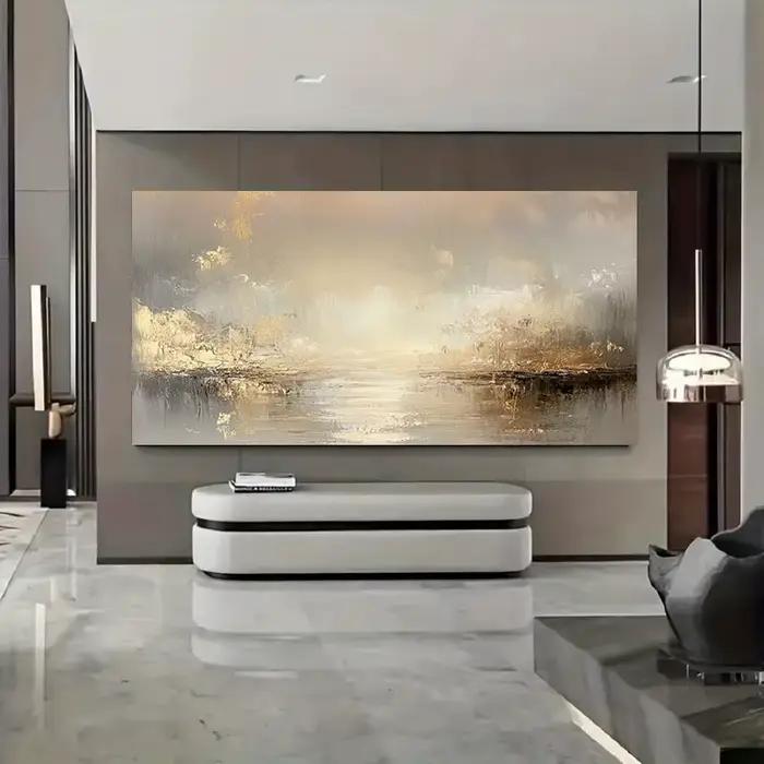 Grande peinture à l'huile texturée abstraite beige et dorée – Art mural sans cadre pour salon, chamb