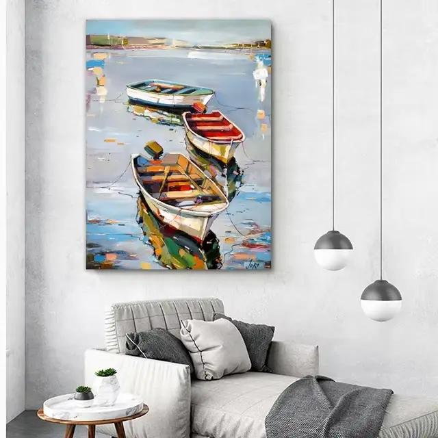 Toile de peinture à l'huile de bateau, paysage de mer abstrait, imprimés d'art mural, affiches pour
