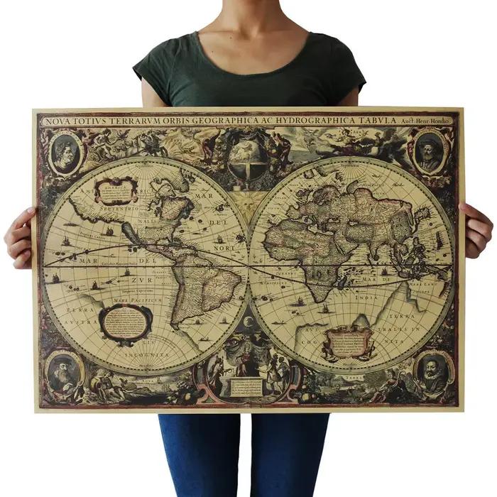 Affiche carte du monde vintage, carte du globe rétro, atlas personnalisé, décoration pour bureau et