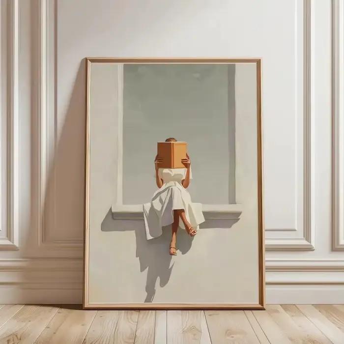 Impression sur toile d'une femme moderne lisant assise sur le mur de la fenêtre, peinture sur toile,