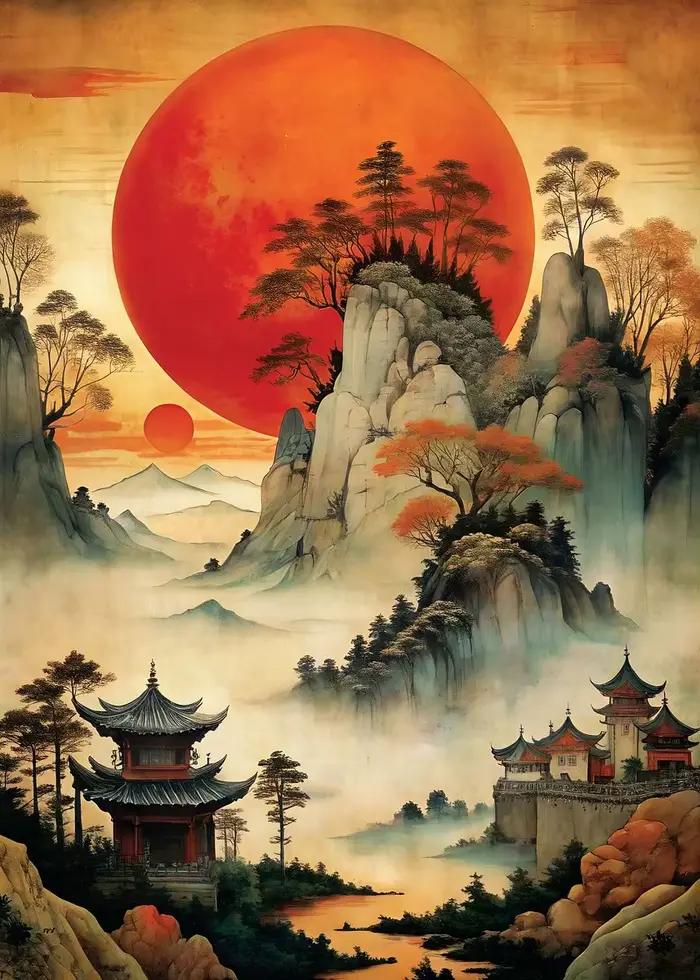 Peinture à l'encre classique chinoise, belles rivières et montagnes, arbre ancien, toile, peintures