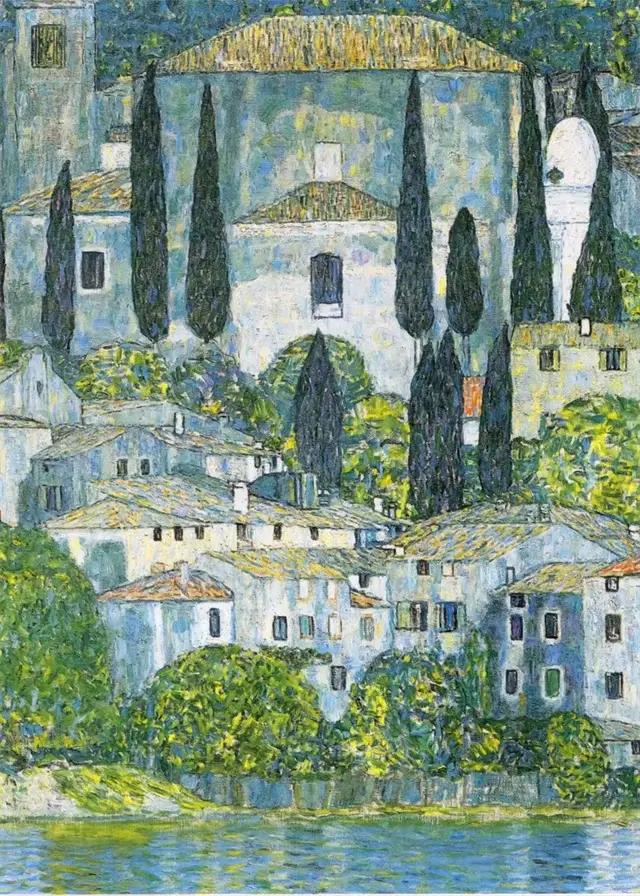 Peinture à l'huile sur toile Gustav Klimt, Jardin de fleurs, Tournesols, Église, Plantes abstraites,