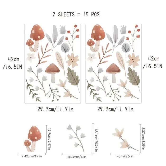 Boho dessin animé motif champignon feuilles pépinière stickers muraux amovible bricolage vinyle auto