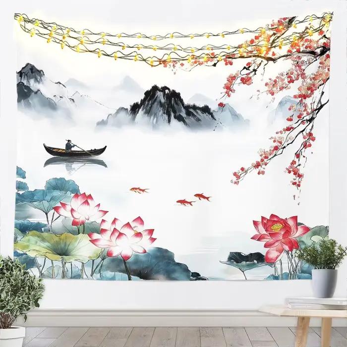 Tapisserie murale chinoise orientale, art paysager zen, peinture à l'aquarelle de montagne, rivière,