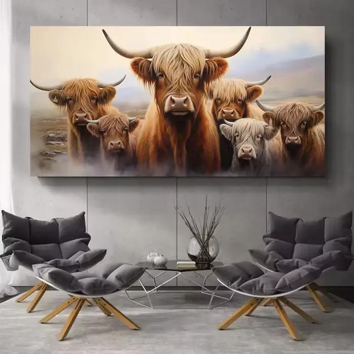 Une œuvre d'art 2D/plat représentant une famille de vaches des Highlands, parfaite pour la décoratio