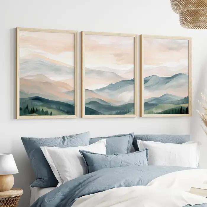 Lot de 3 affiches paysagères bohèmes, trio d'affiches modernes de montagnes, tableaux sur toile vert