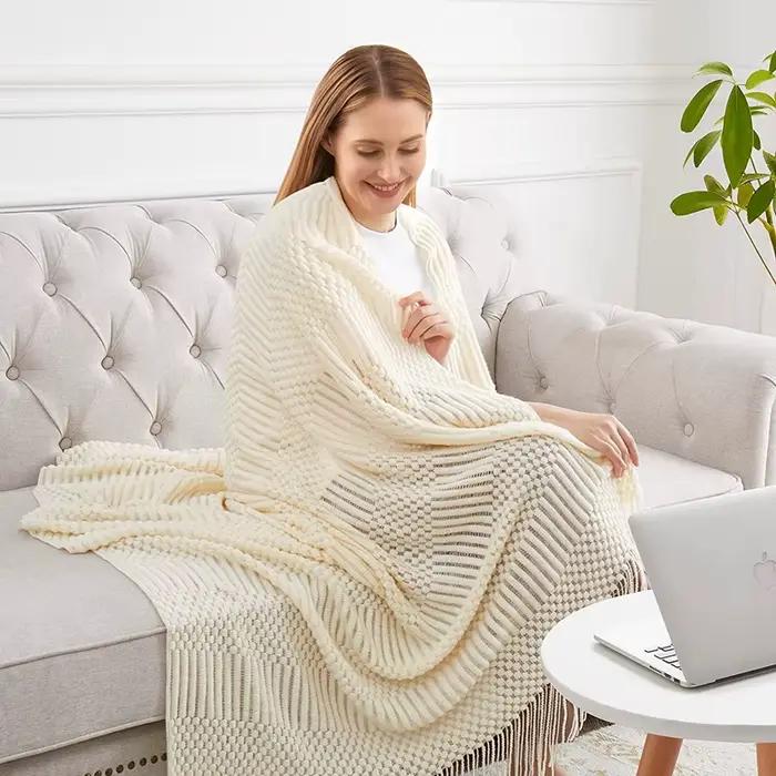 Blanc Boho jeter couvertures texturées grandes couvertures tricotées épais Vintage luxe jeter couvre