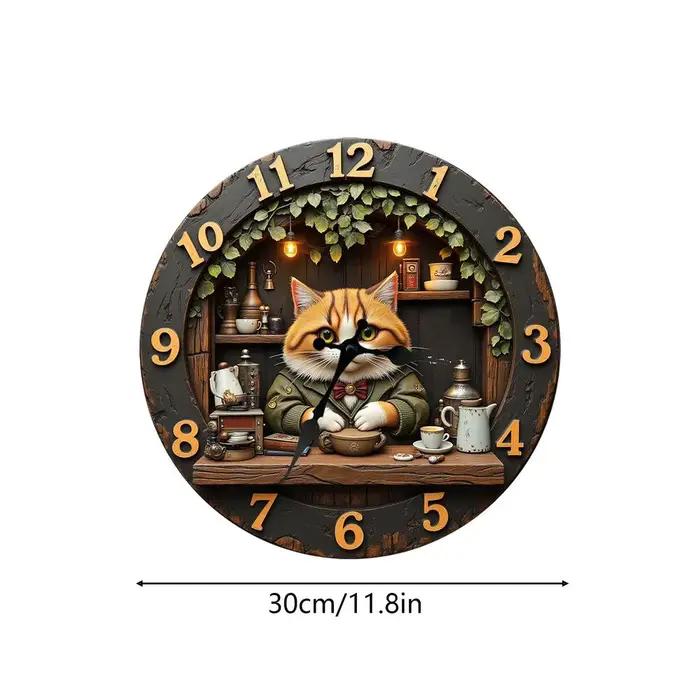 Horloge murale 11,81 pouces, thème chat, décoration en bois, horloge murale pour la maison, le salon