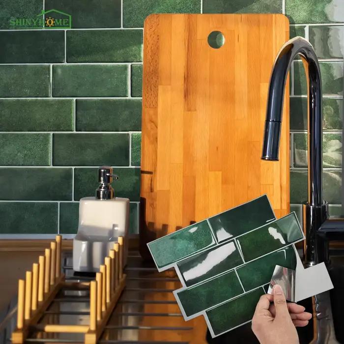 Autocollants muraux auto-adhésifs pour carrelage à motif de brique verte, panneaux imperméables rési