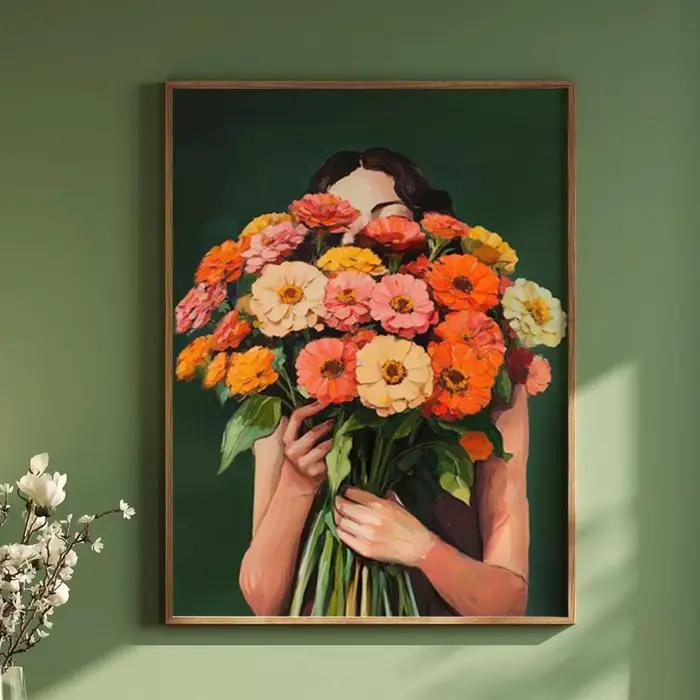 Affiche d'art de personnes abstraites émeraude femme avec des fleurs affiche abstraite féminine japo