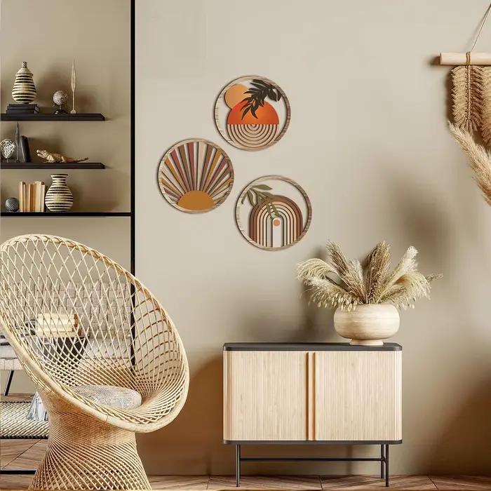 Lot de 3 décorations murales bohèmes en bois rondes ajourées