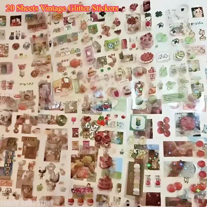 20 feuilles d'autocollants vintage à paillettes – Film PET transparent pour scrapbooking et journaux | Autocollants