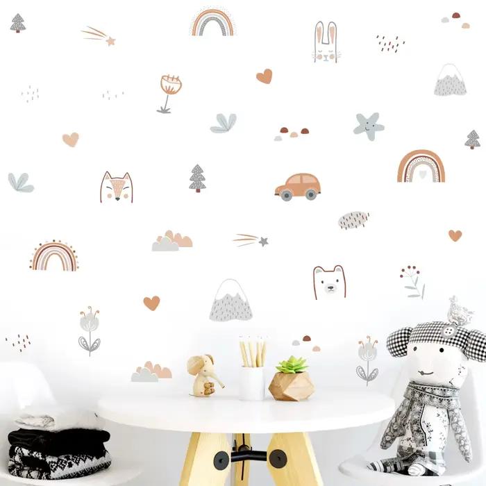 Dessin animé arc-en-ciel animaux visages étoile aquarelle autocollant mural vinyle amovible bricolage décalcomanies chambre d'enfants salon intérieur décor à la maison