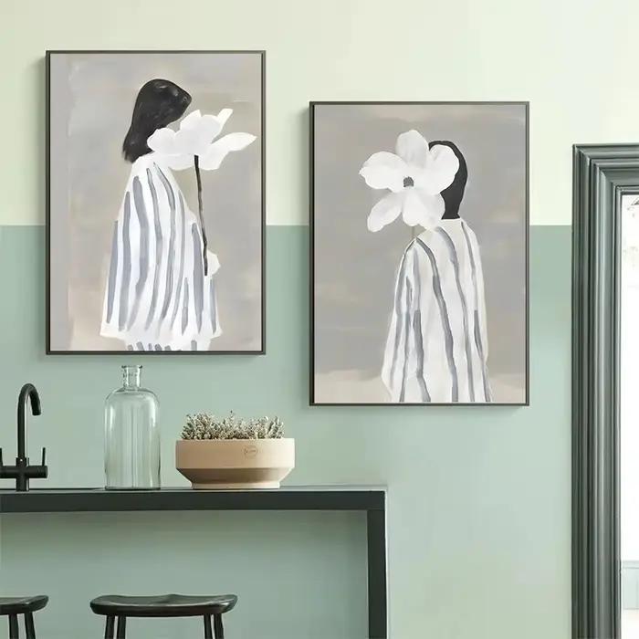 Toile de peinture de fleur de femme abstraite noire et blanche