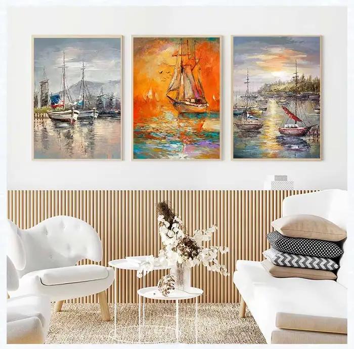 Peinture abstraite sur toile d'un bateau à voile sur la mer