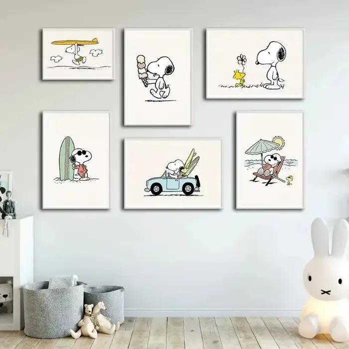 Snoopy plage vacances dessin animé peinture minimaliste nordique mur Art surf affiche amusant toile impression pépinière enfant chambre décor Cuadros