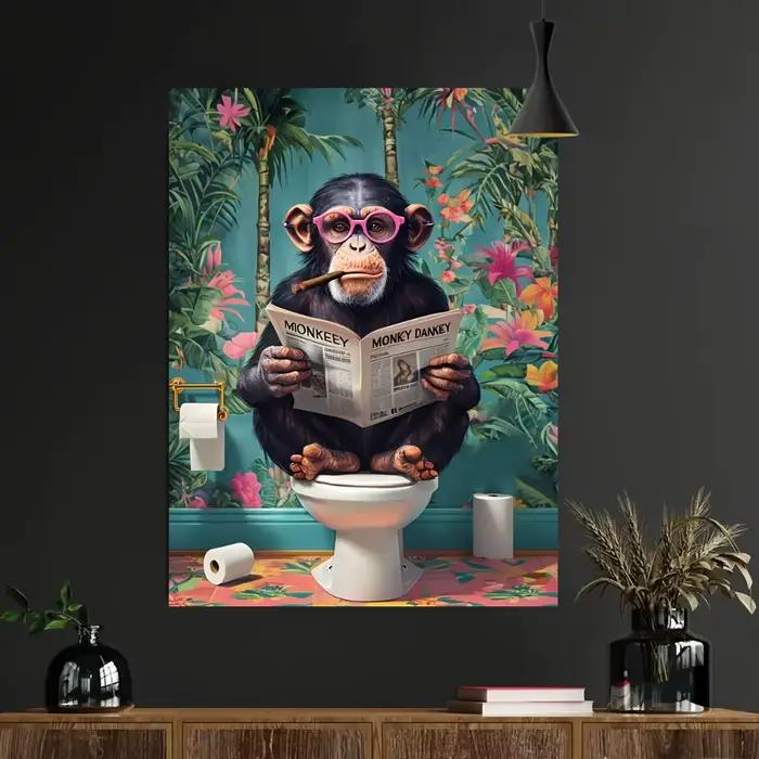 Un gorille drôle sans cadre lisant un journal sur la peinture sur toile des toilettes pour la décoration artistique du