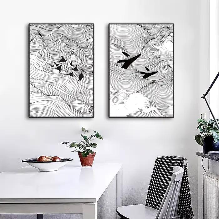 Tableaux d'art linéaire sur toile avec motifs vagues