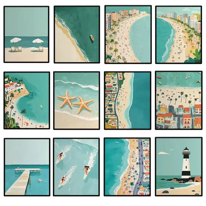 Affiche de paysage de voyage de ville de plages d'été, plage de mer, surf et natation, peinture sur toile, Art mural pour décoration de salon et de maison
