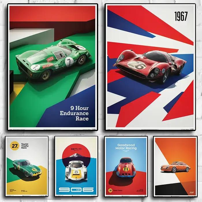 Affiche de course F1 rétro des années 80, voiture de vitesse GTR 911 Mans Hursport Formula Wall Art Mural, maison, bureau, chambre de conducteur, affiches en toile