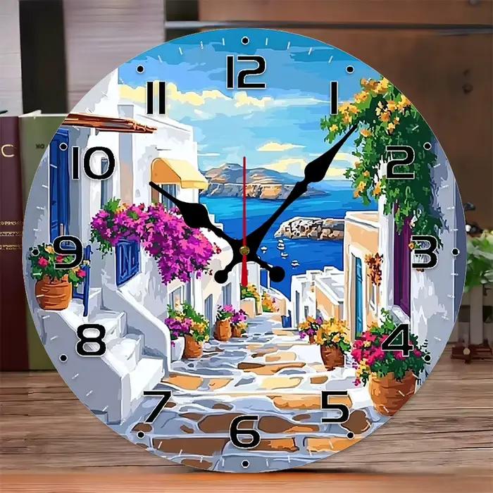 Horloge murale suspendue silencieuse ronde en bois de rue méditerranéenne