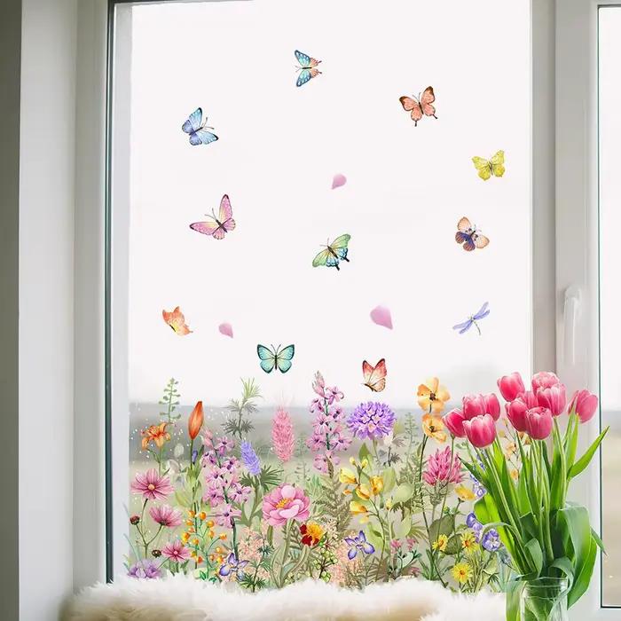 Autocollant mural électrostatique coloré papillon fleur stickers muraux décoration de la maison fenêtre verre autocollants INS bricolage chambre décor