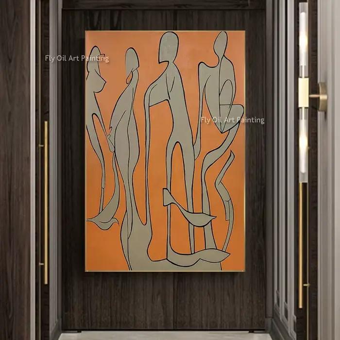 Peinture à l'huile de personnes abstraites Orange et grises faite à la main